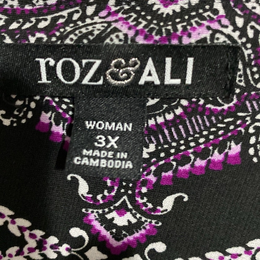 PRETTY Roz & Ali stretch Purple Black & white Short Sleeve top blouse shirt  3X - Picture 11 of 12